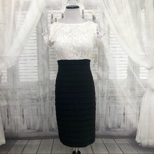 Simply Liliana Size 4 Dress Ivory Black Fitted Cap Sleeve Open Back Formal